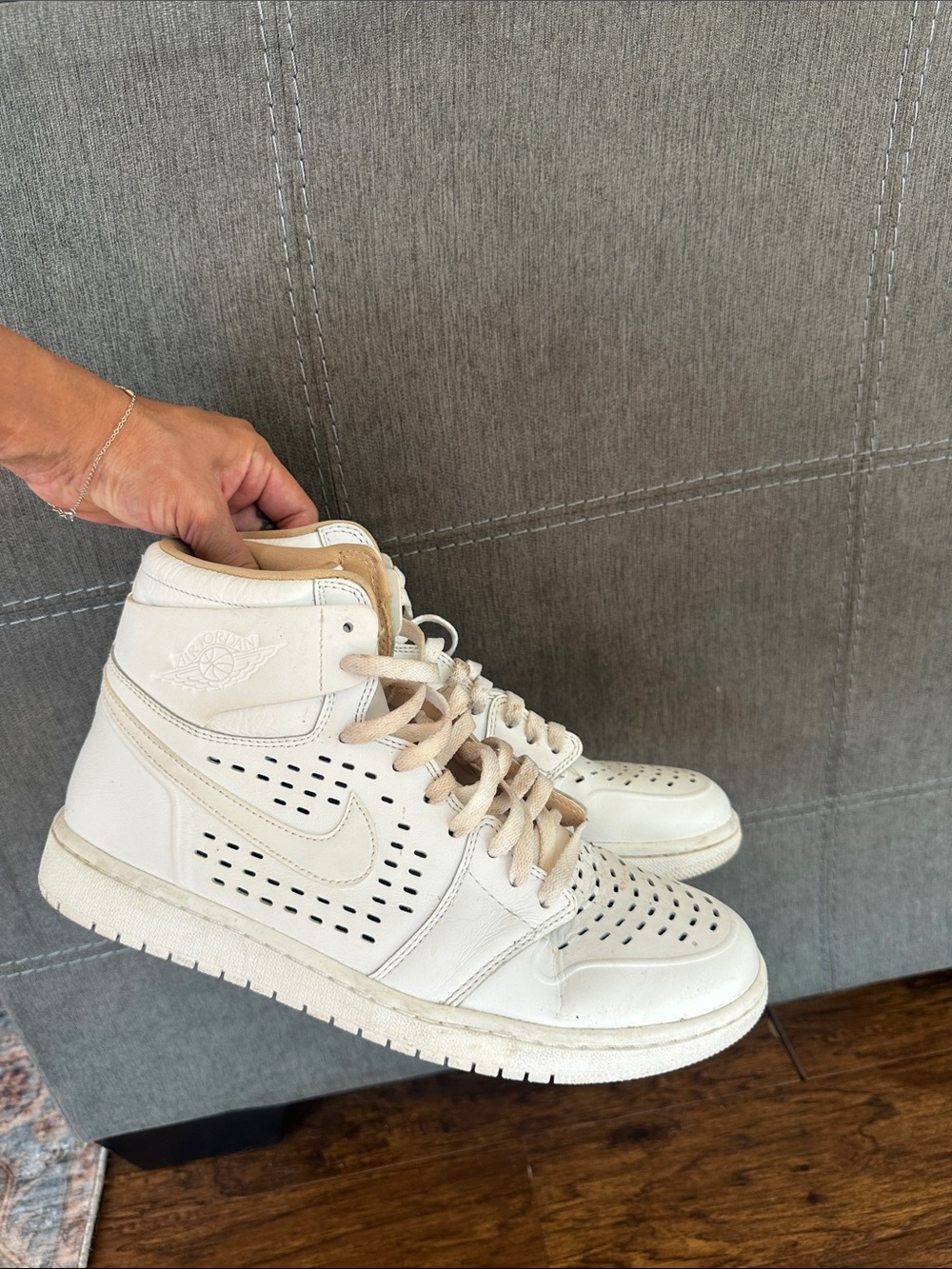 Jordan Men's Cream and White High-Top Perforated Sneakers